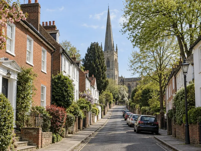 Georgian houses on Windhill below St Michael's Church spire, Bishop's Stortford