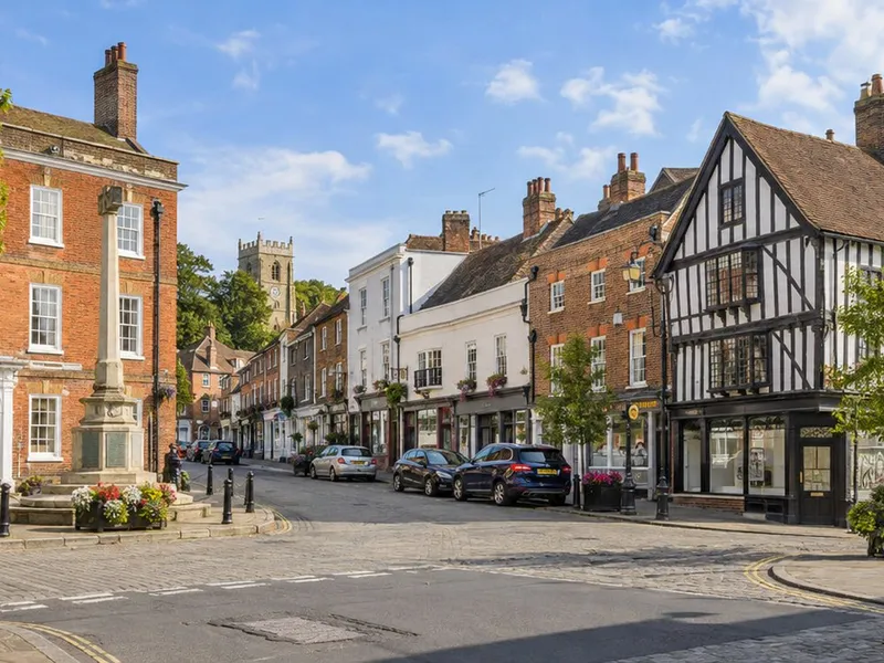 Georgian and timber-framed buildings round a square in Hertford town centre