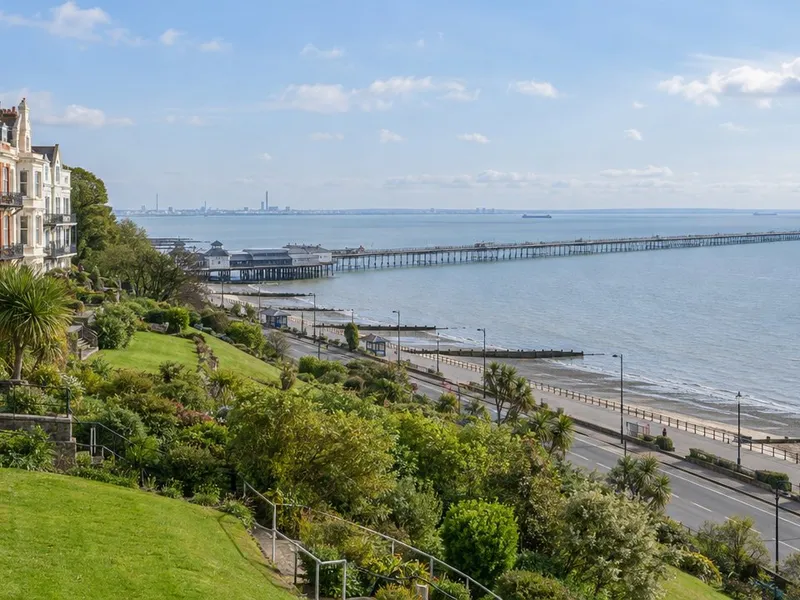 Southend Pier running out into the Thames Estuary from the Cliff Gardens, Southend-on-Sea